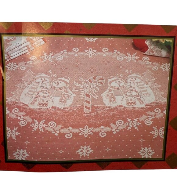 Holiday Quaker Lace Round Tablecloth 70" Round White Snowmen New Vintage - Picture 2 of 11